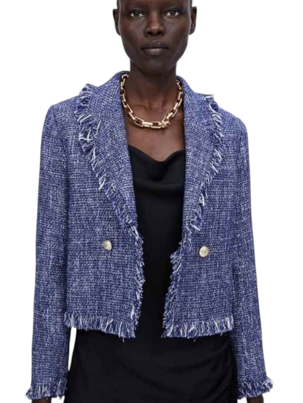Zara Blogger's Favorite Blue Tweed Double Breasted Fringe Blazer Blue White Sm